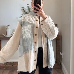 POL Cream and Blue Patchwork Top
